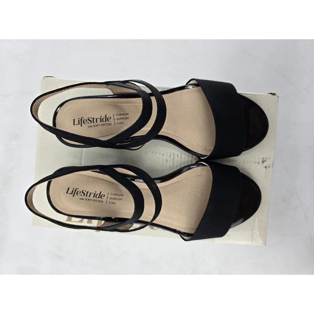 LifeStride Yolo Wedge Sandals Womens 6N Black Elastic Strappy Open Toe -New